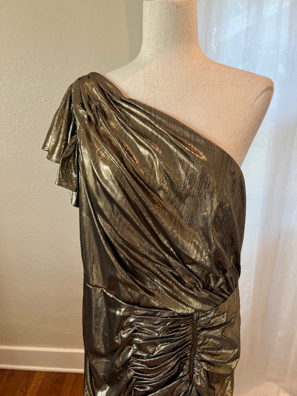 Mac Duggal 27075 Metallic Gold One-Shoulder Asymmetrical Dress. Sz L. NWT - Picture 6 of 16